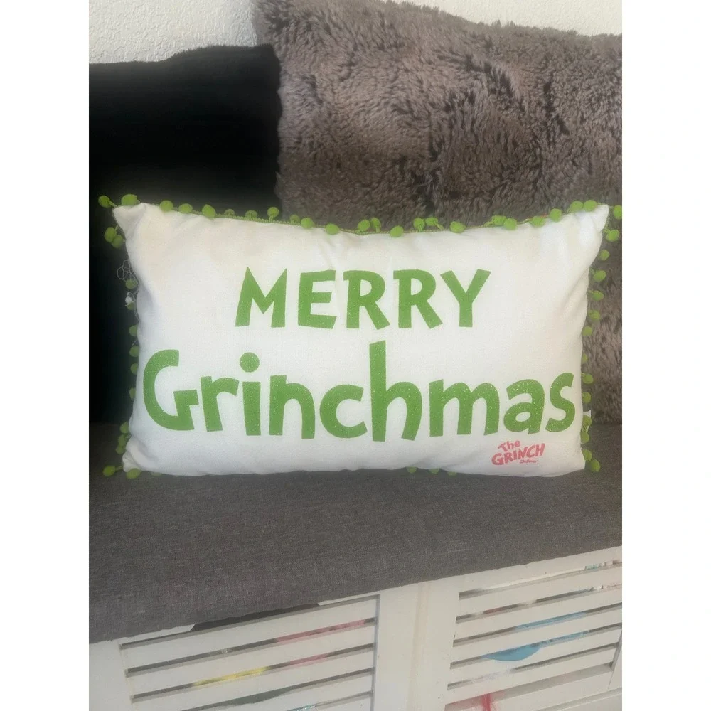 Dr Seuss The Grinch Merry Grinchmas Holiday Throw Pillow Red White Green Pom Pom